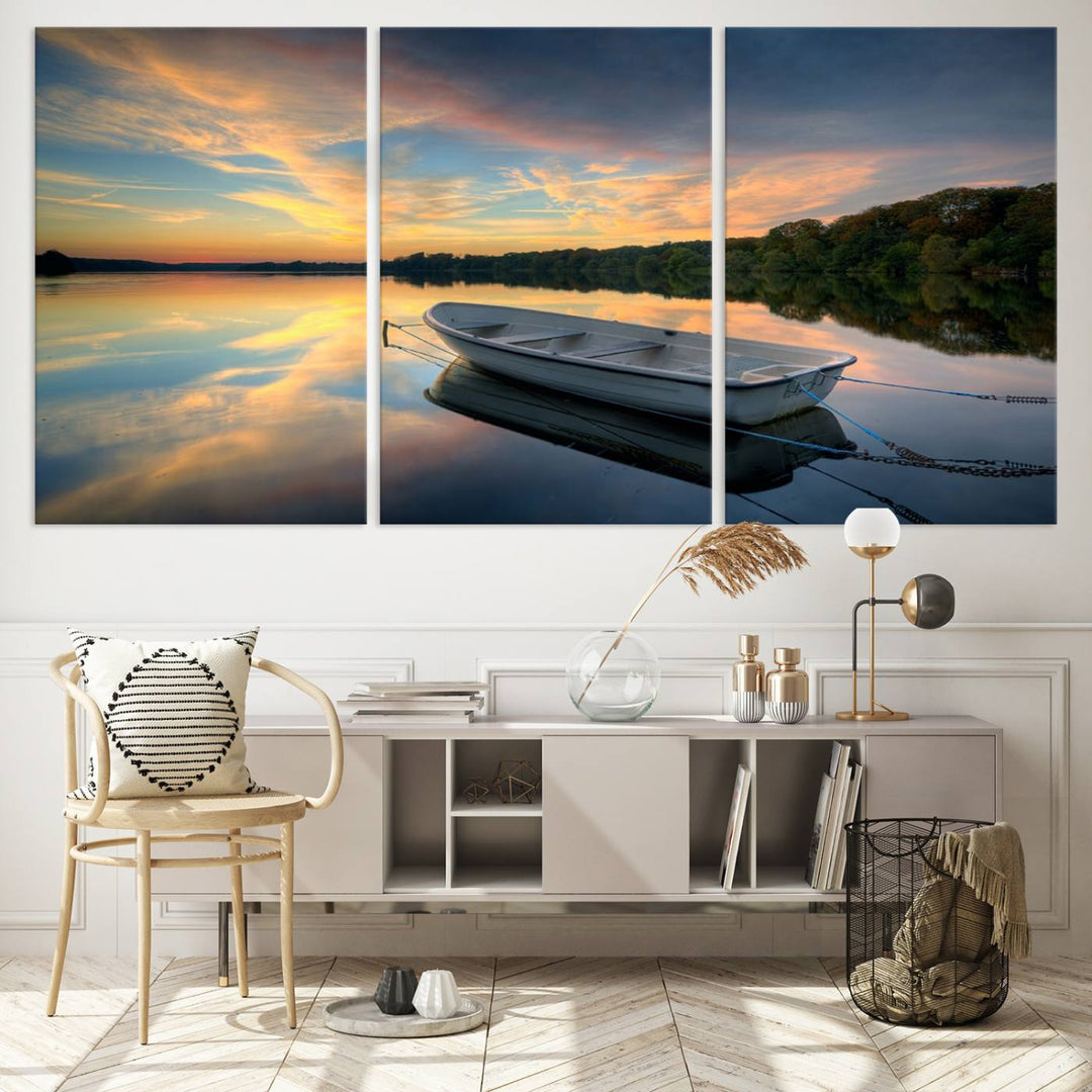 Serene Rowboat on Calm Lake Triptych Canvas Art, Giclee Wall Art of Peaceful Sunset Reflections, Tranquil Landscape Wall Art for Home or Office