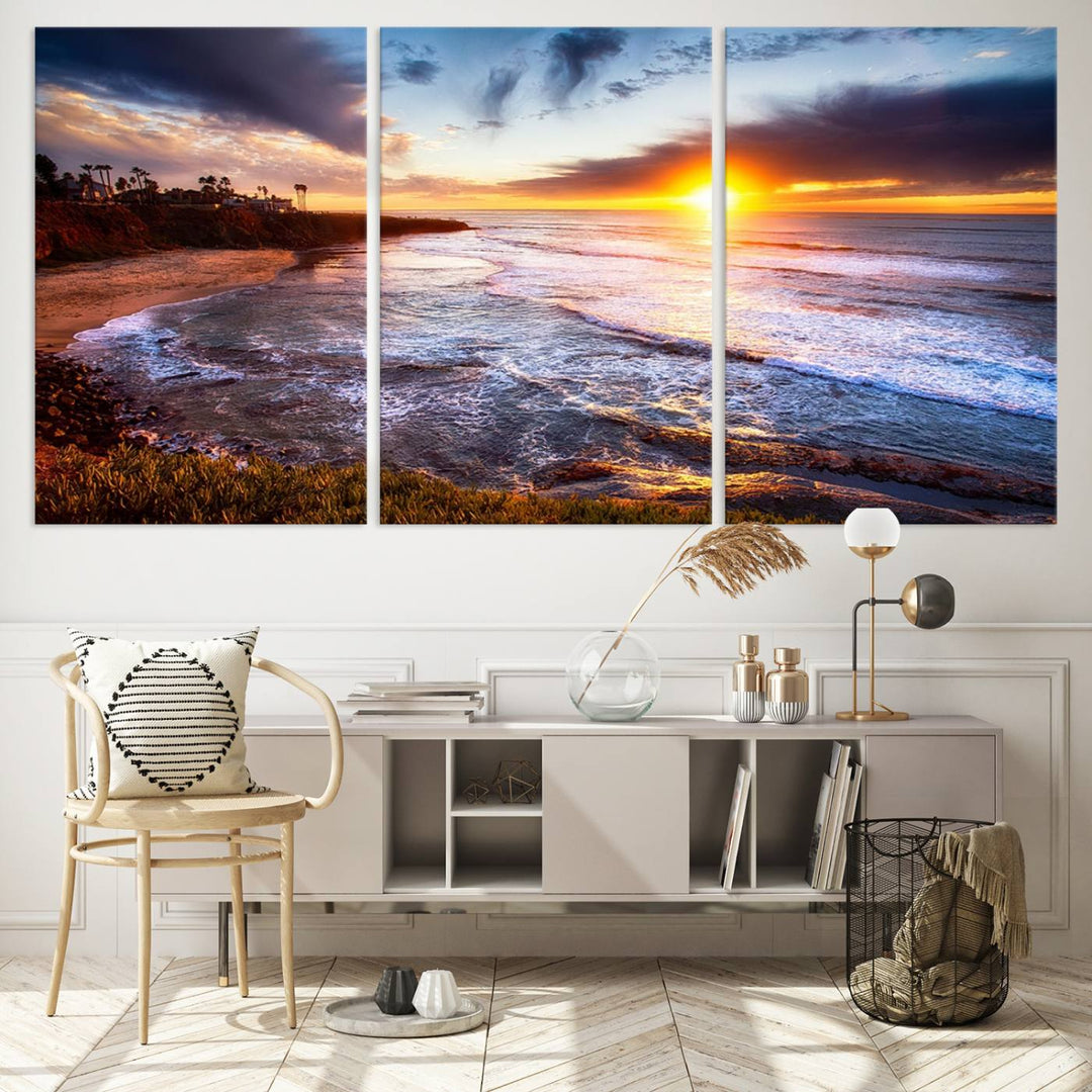 California Coastline Sunset Canvas Art, Ocean Waves Crashing on Cliffs, Giclee Canvas Print for Beach House Decor