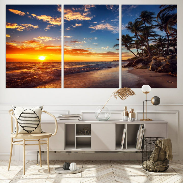 Tropical Beach Sunset Canvas Art, Palm Trees and Ocean Waves Wall Art, Giclee Print for Coastal Home Decor