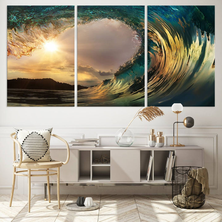 Surfing Big Wave on Ocean Canvas Wall Art Beach Canvas Sunset Artwork Print para sala de estar, decoración de la oficina en el hogar, arte de la pared de la playa, arte de la pared del mar