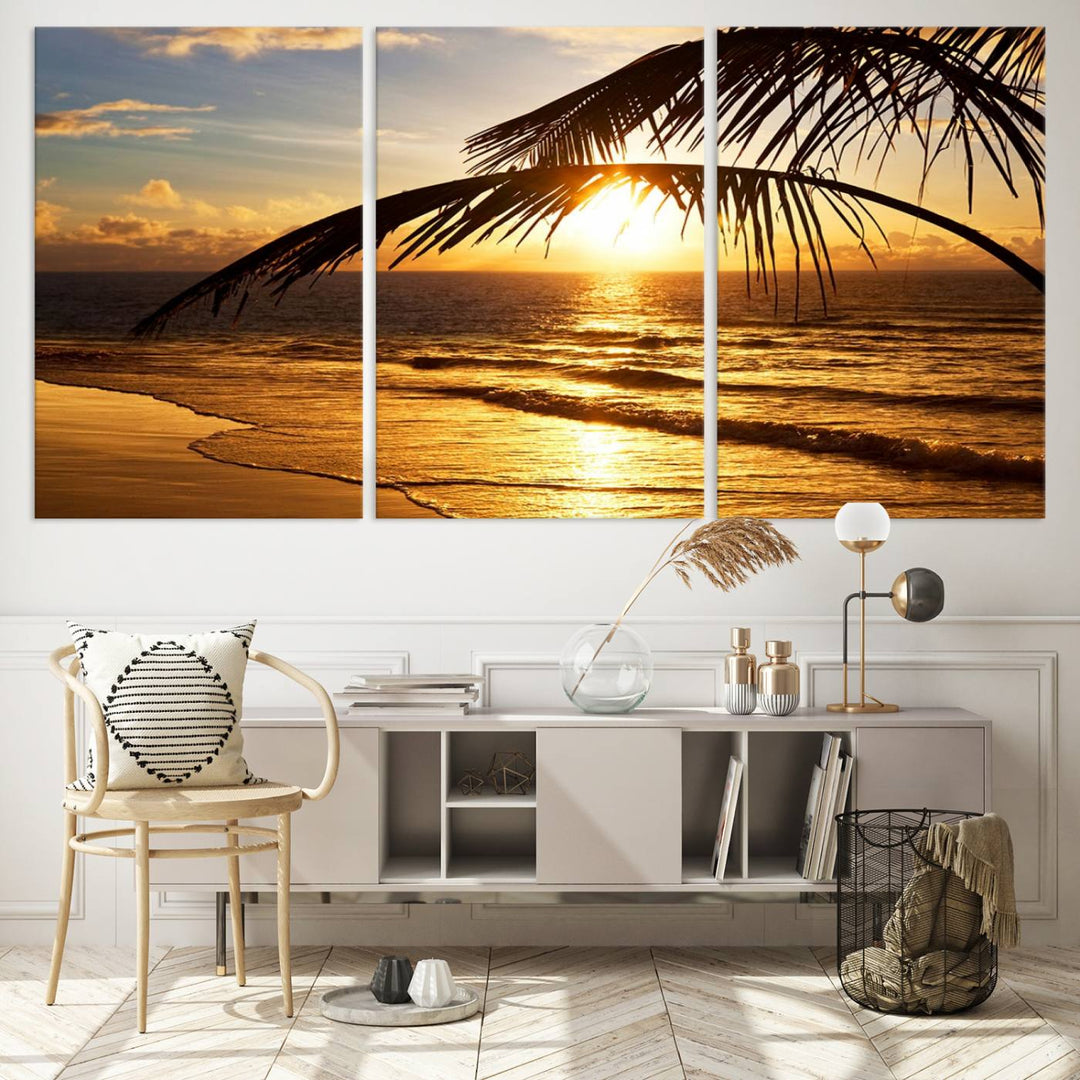 Golden Tropical Beach Sunset Canvas Triptych, Coastal Palm Tree Wall Art, Ocean Shoreline Giclee Print with Gallery Wrap