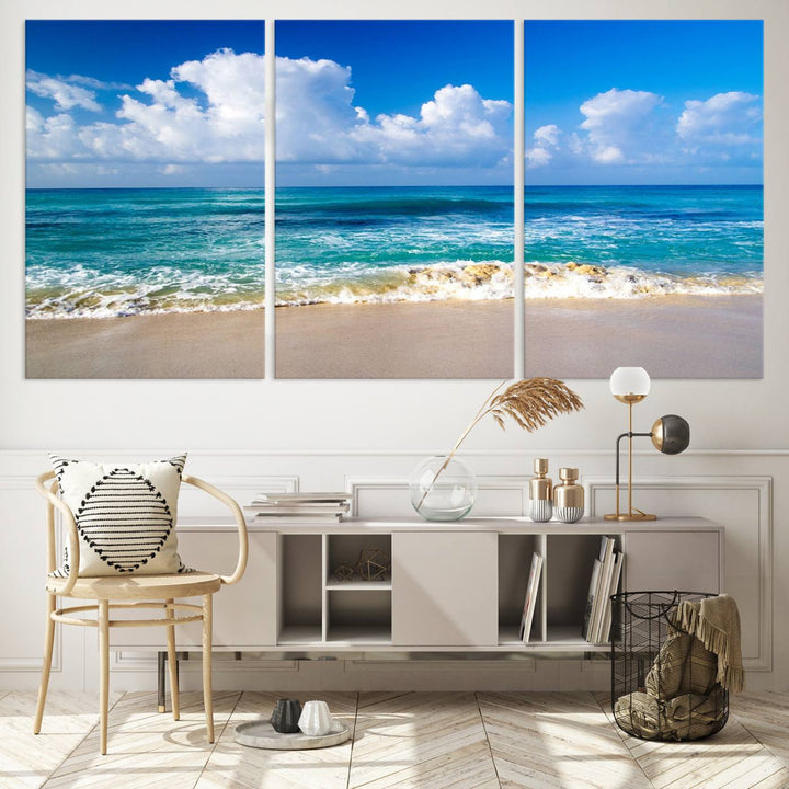 Tropical Beach 3-Panel Canvas Wall Art – Serene Ocean Waves and Blue Sky – Giclée Print for Living Room, Office, or Bedroom Coastal Decor