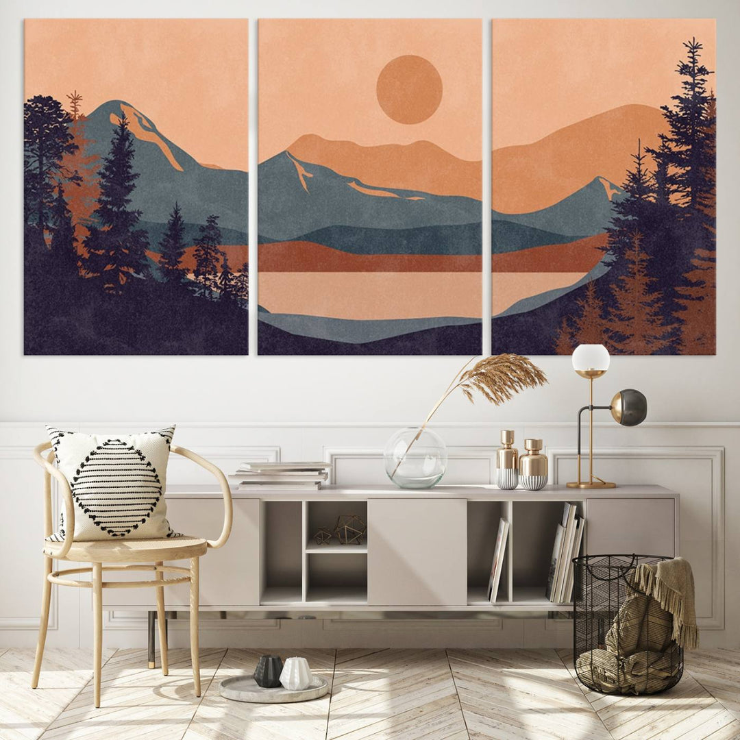 Modern Boho Sunset Mountain Landscape Triptych – Giclée Canvas Art Print for Living Room, Bohemian Decor, Ready to Hang