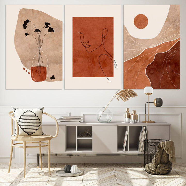 Conjunto de impresión de lienzo enmarcado de arte de pared boho - Impresiones modernas de mediados de siglo - Impresiones de obras de arte de pared de decoración boho - Decoración del hogar neutral boho