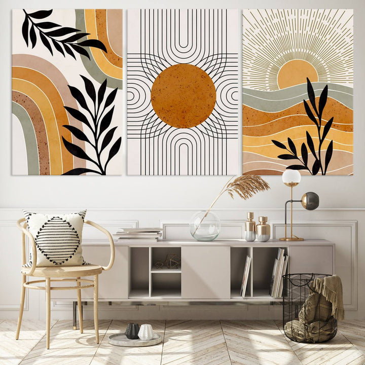 Modern Boho Sun and Leaf Abstract Art – 3-Panel Giclée Canvas for Mid-Century Modern or Bohemian Wall Decor