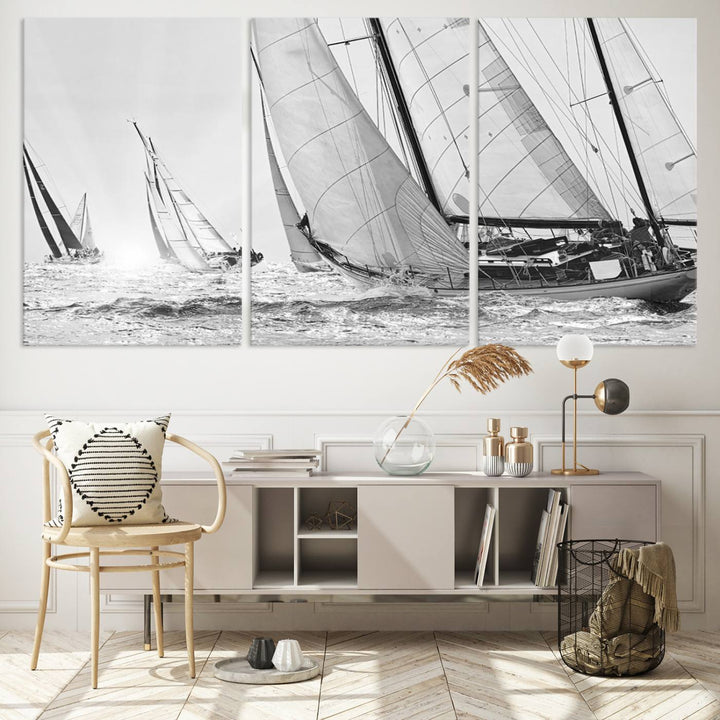 Yacht Sailboat Regatta canvas print on a textured wooden wall.