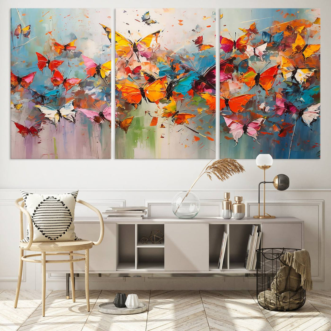 The Abstract Butterfly Wall Art Canvas Print hangs prominently, adding a touch of elegance and creativity to the room.