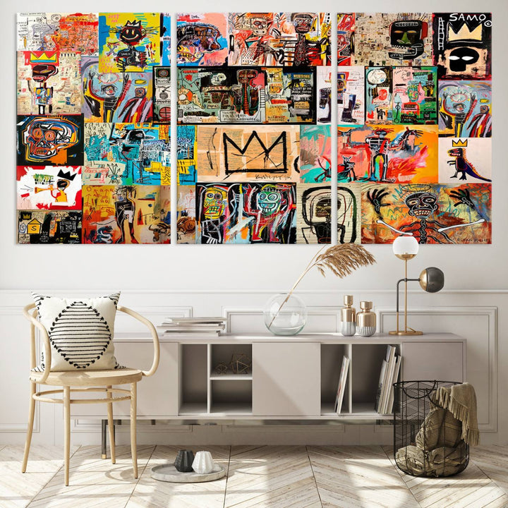 A Basquiat graffiti-style collage adorns the wall.