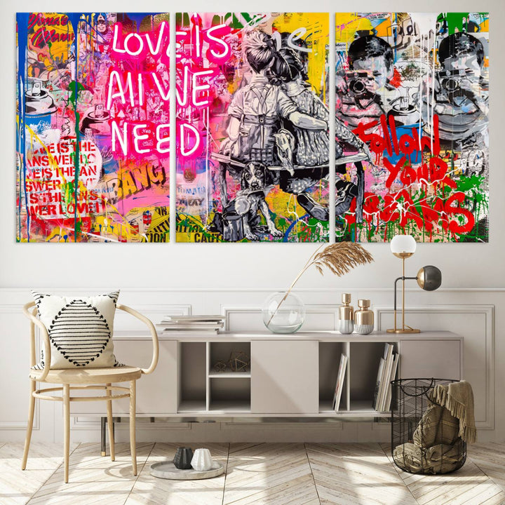 A vibrant and dynamic triptych features distorted horizontal lines, resembling graffiti street art. This artwork conveys the themes of "Follow Your Dreams" and "Love is All We Need" across three colorful panels.