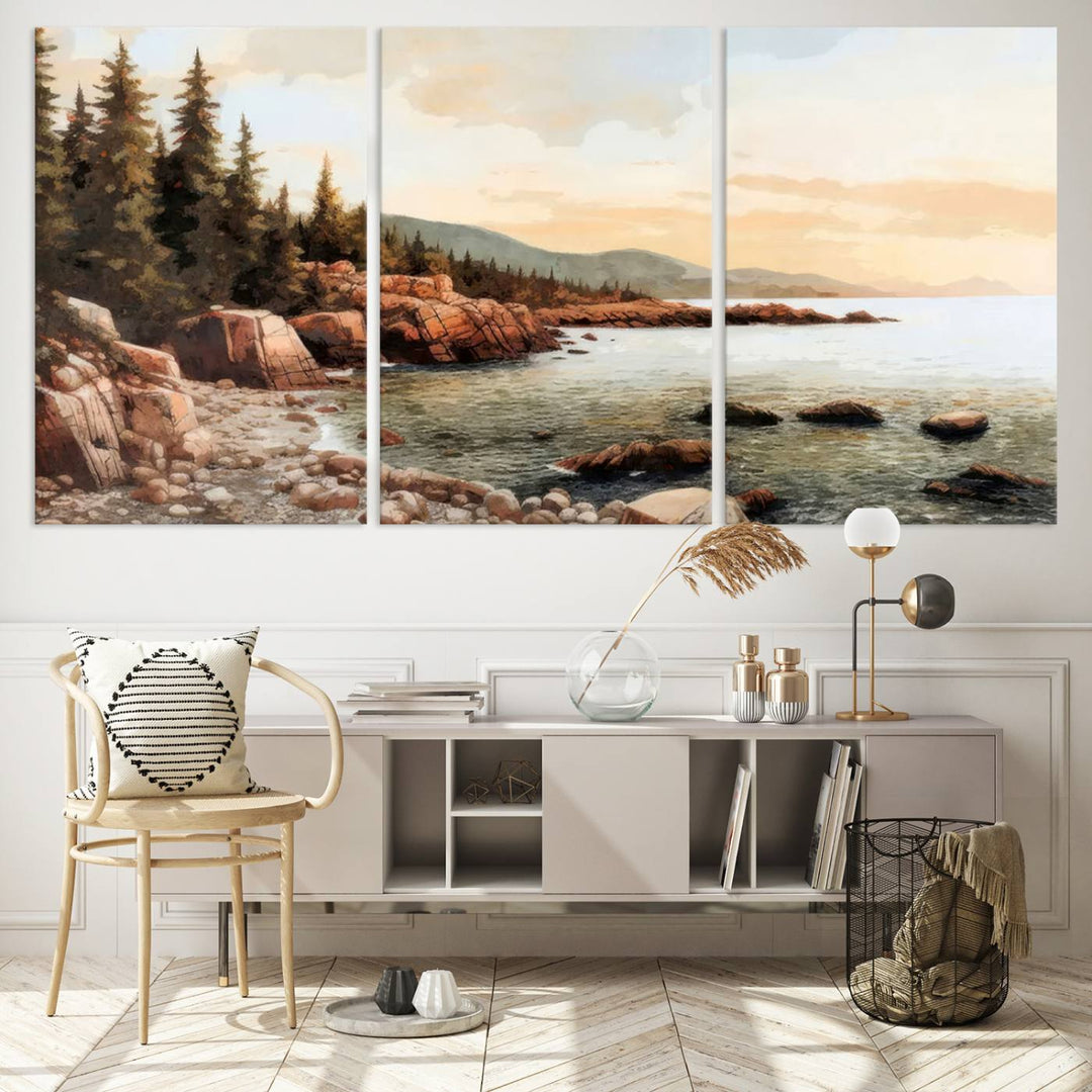 The Serene Coastal View of Acadia National Park 3-panel canvas, framed and ready to hang, adorns the wall.