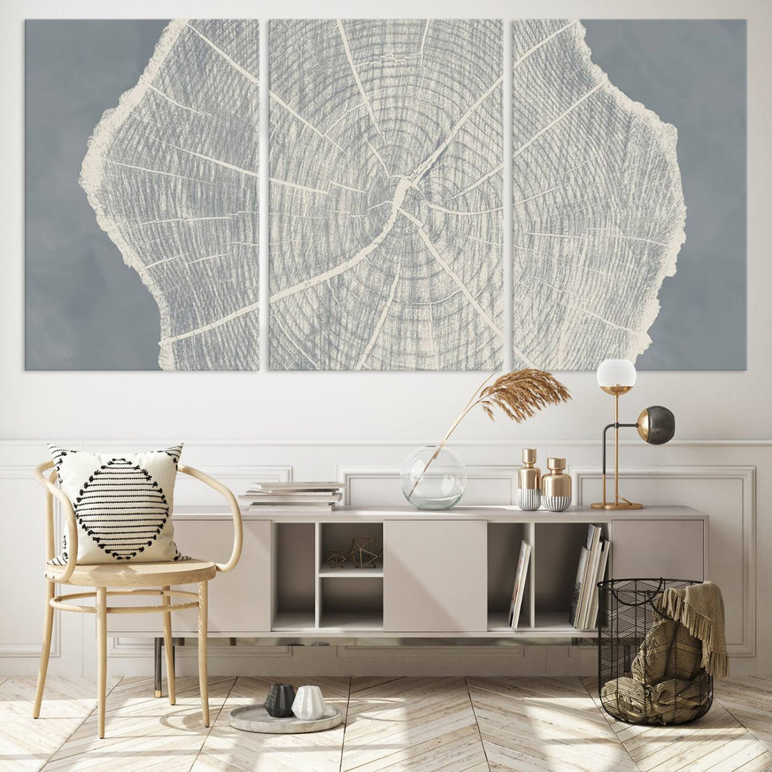 A gray wall displays the Abstract Tree Ring Wall Art print.