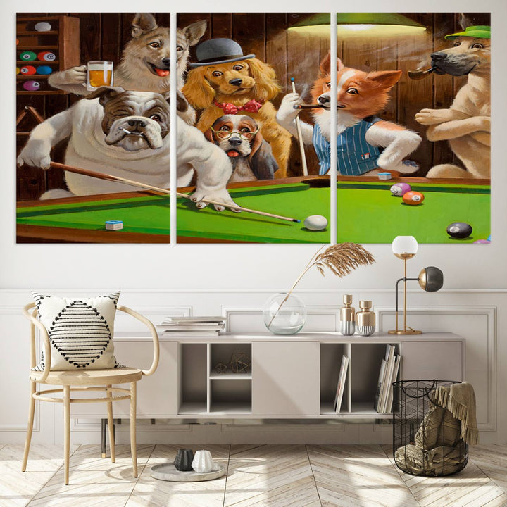 Dogs Playing Pool Canvas Wall Art: This artwork depicts a room where dogs are engaged in a game of pool. One dog is poised to cue while others observe the scene.