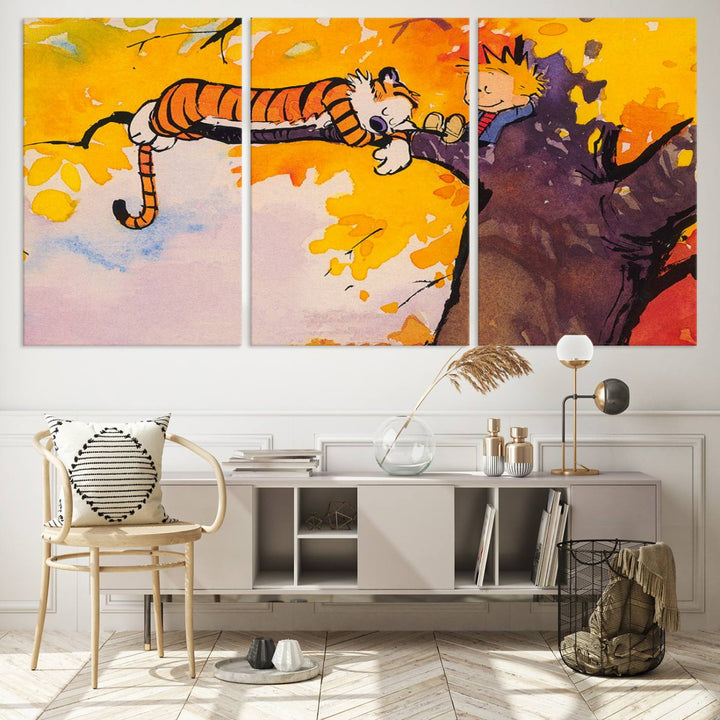 Premium canvas Calvin Wall Arts featuring a boy and tiger relaxing on a branch.