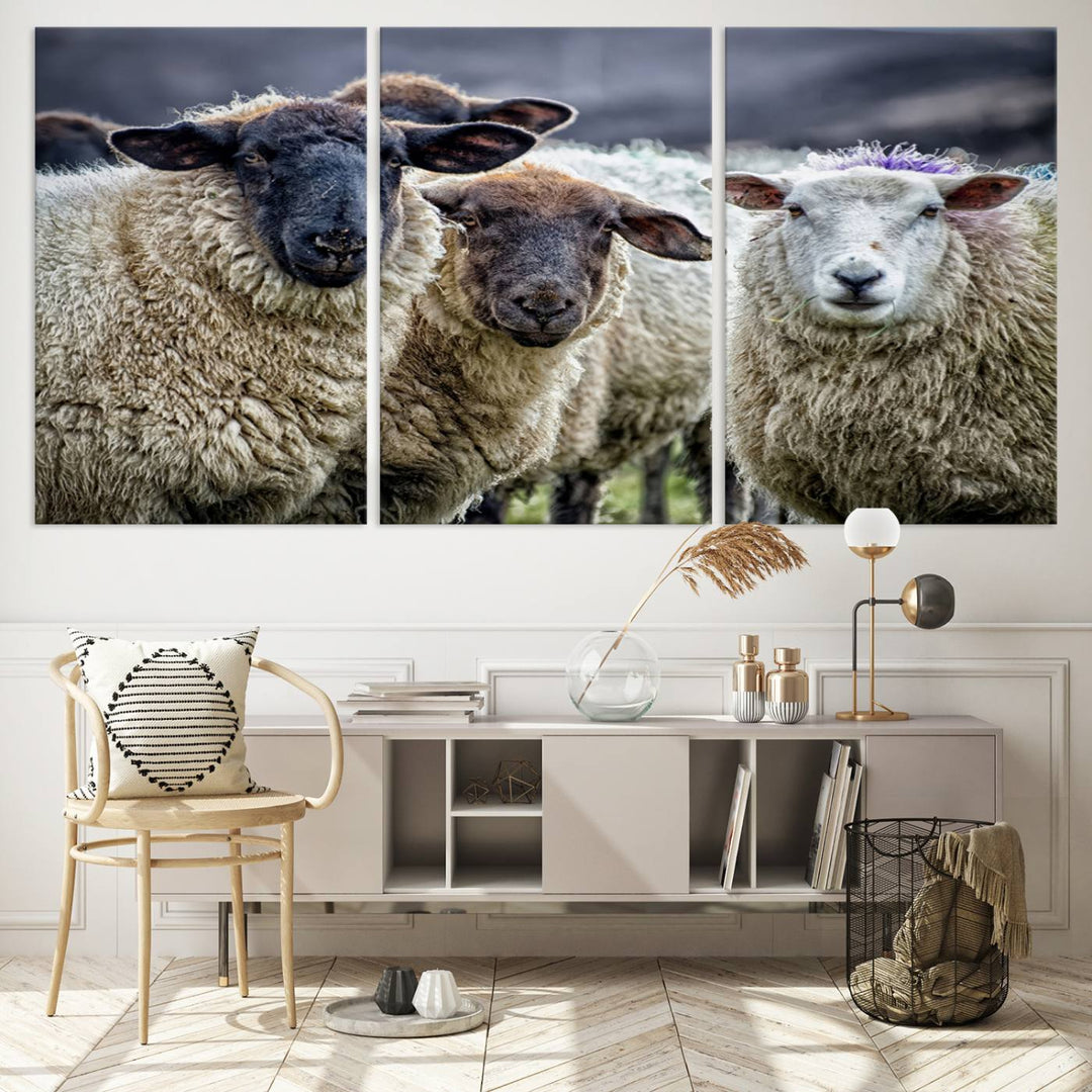 The Charming Sheep Portrait Wall Art hangs on a wooden wall.