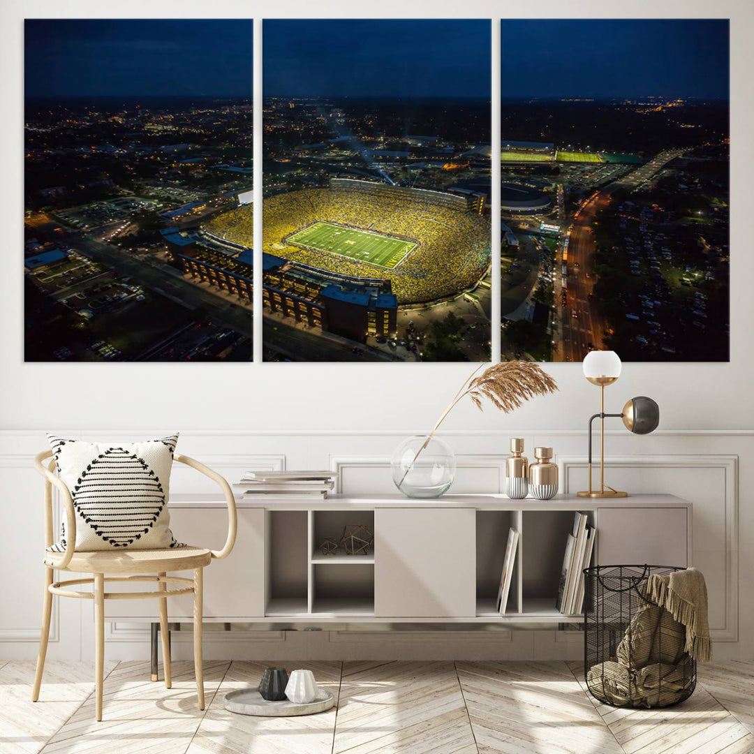 Aerial view of Michigan Stadium nightlife on canvas – Framed, ready-to-hang sports arena wall art.