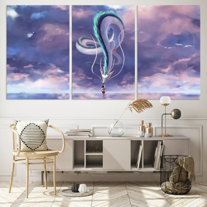 The Spirited Away Haku and Chihiro poster captures a cherished scene for anime lovers under a colorful, cloudy sky.