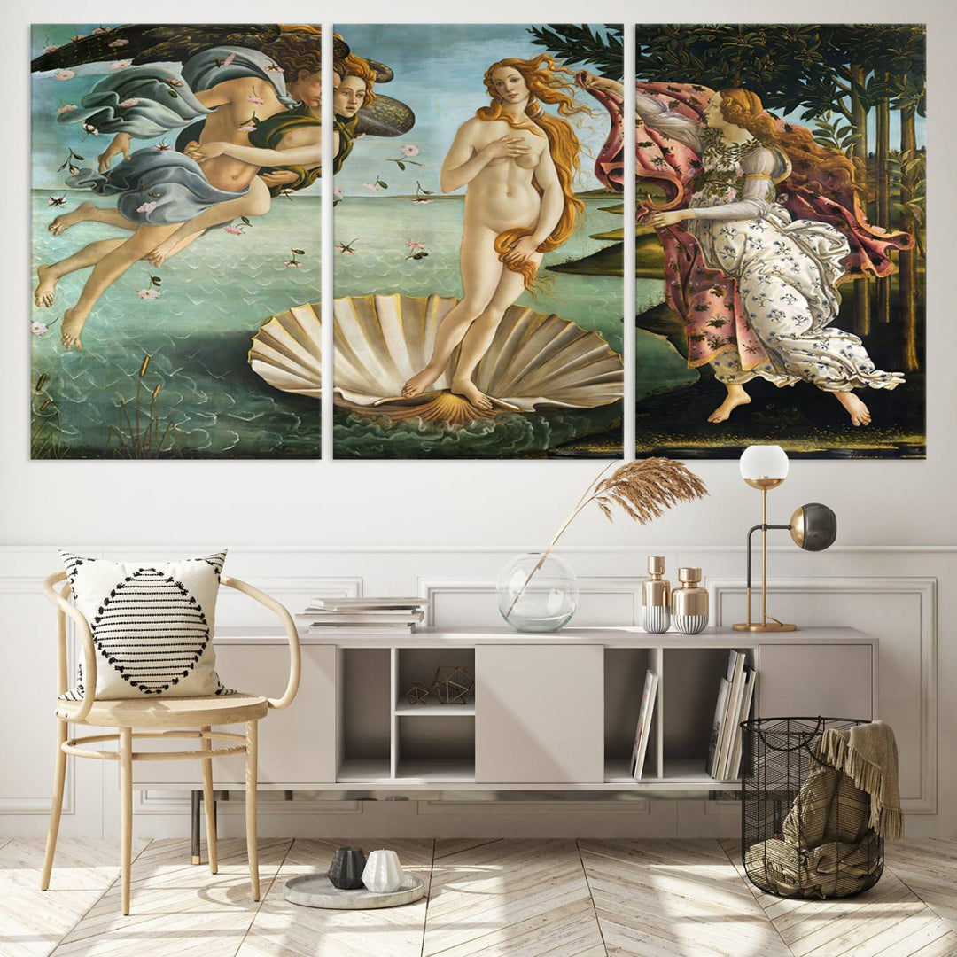 A canvas print of Botticellis The Birth of Venus is displayed on the wall.