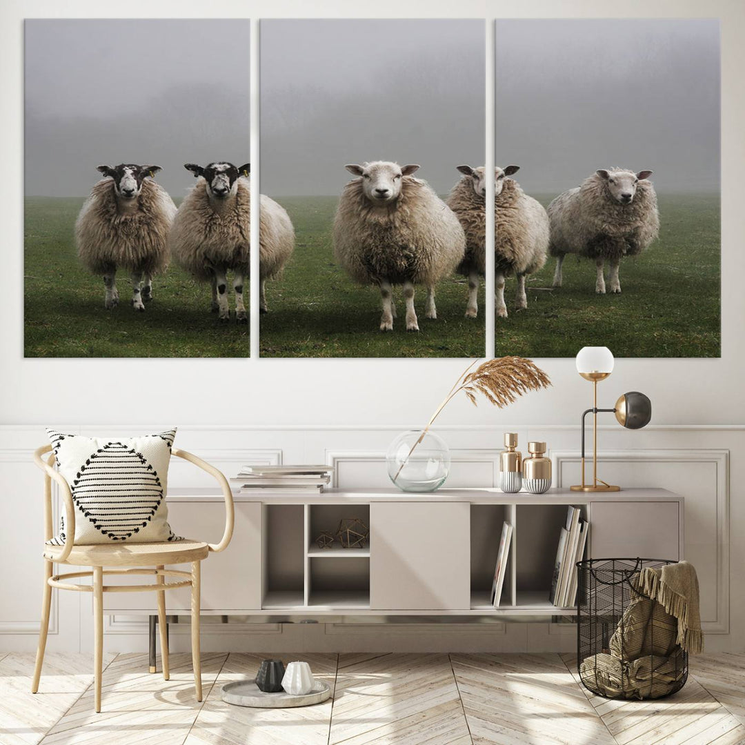 The Flock of Sheep in a Mystical Fog canvas print is framed and ready to hang.