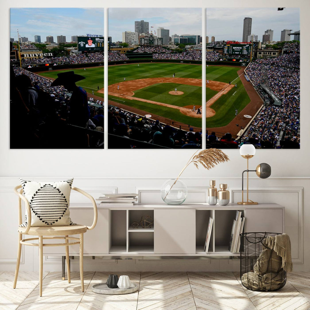 Admire this museum-quality canvas print of a Chicago Cubs game with a cityscape view from the stands at Wrigley Field.