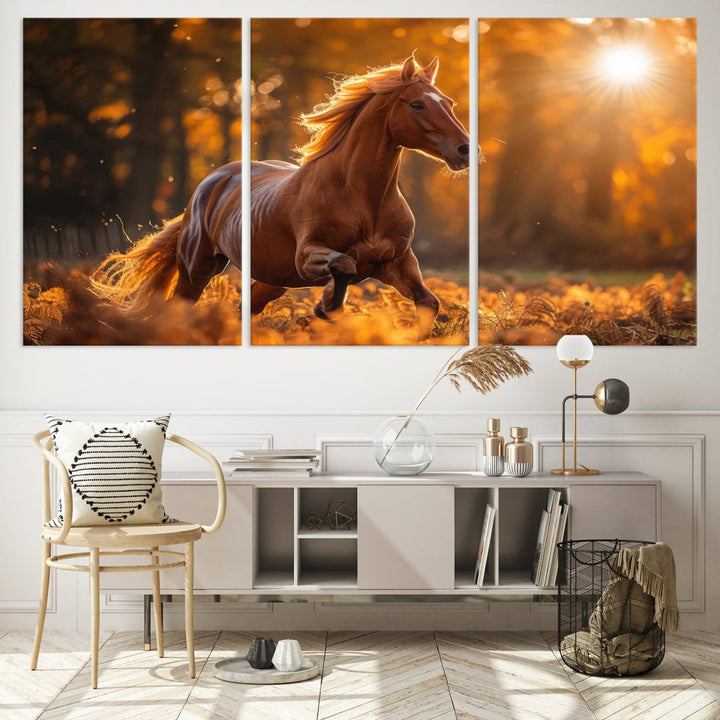 The Running Horse Sunset Forest Wall Art Canvas Print showcases a gallop in an autumn forest with sunlight streaming through the trees.