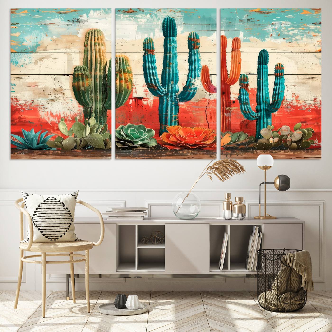 A vivid southwestern-style artwork featuring an eclectic mix of cacti and succulents painted against a textured, rustic wood backdrop in rich turquoise, red, and orange hues.