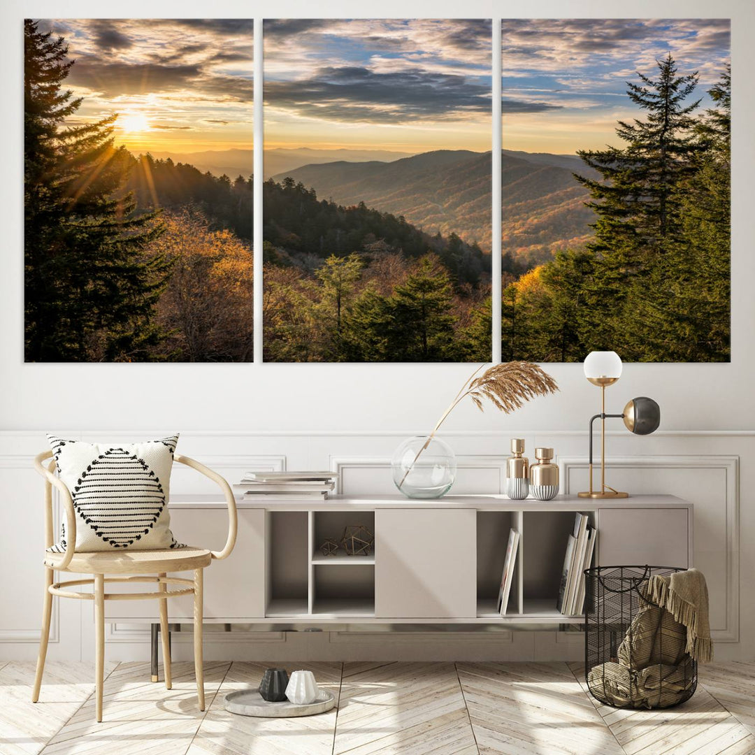 The dining area is beautifully decorated with the Sunrise Over the Smoky Mountains Canvas Wall Art – a breathtaking scenic landscape photography in a stunning triptych that's ready to hang.