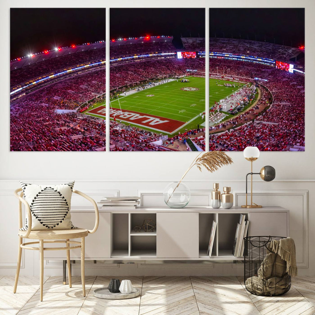 The living room features a Bryant-Denny Stadium Night Game Triple Canvas Wall Art.