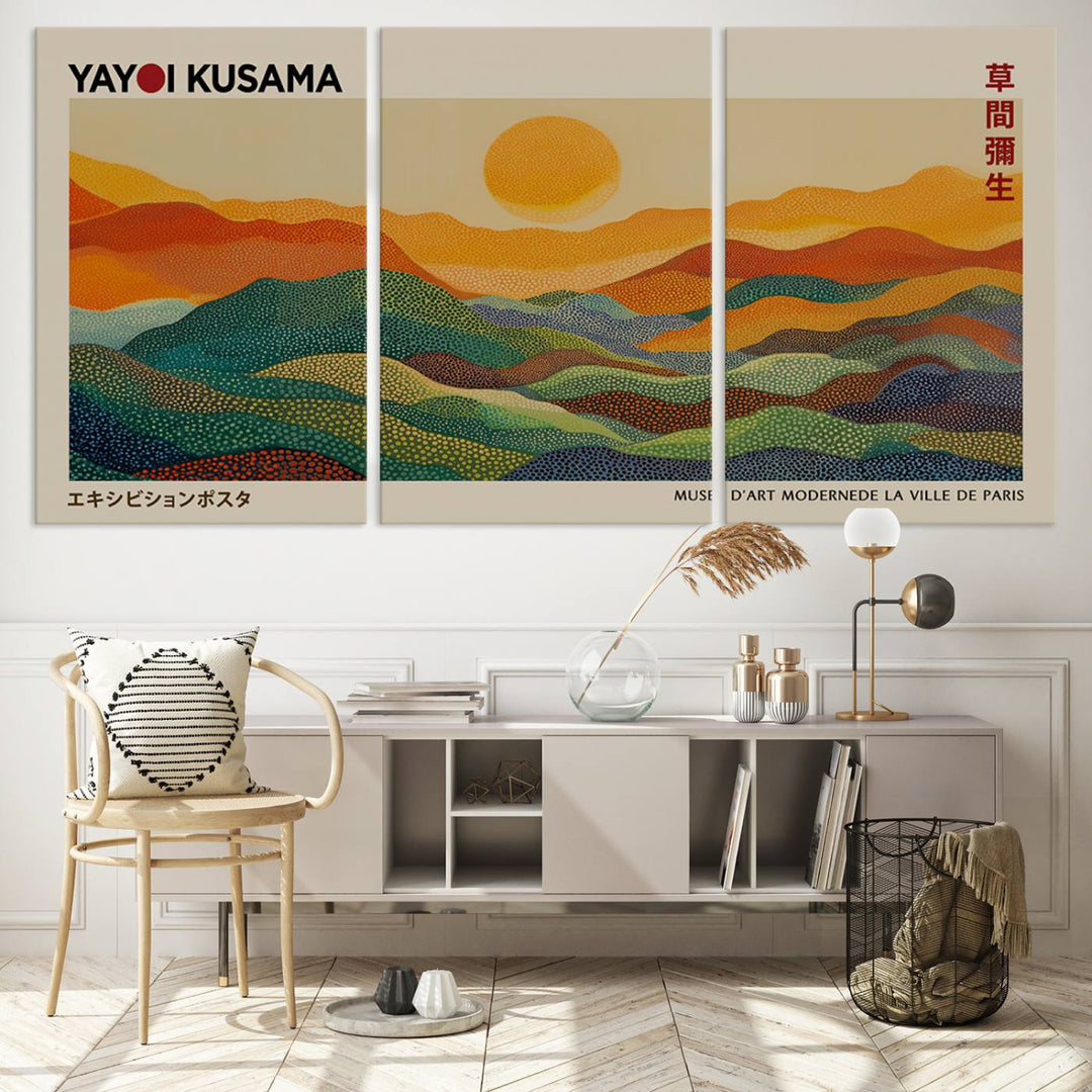 The vibrant abstract landscape depicted in the three-panel "Framed Yayoi Kusama 1986 Wall Art Print" seamlessly integrates nature-inspired décor.