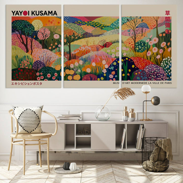 The Framed Yayoi Kusama 1986 Wall Art Print, a vibrant abstract landscape canvas inspired by Japanese design, adds a striking element to the bright room.