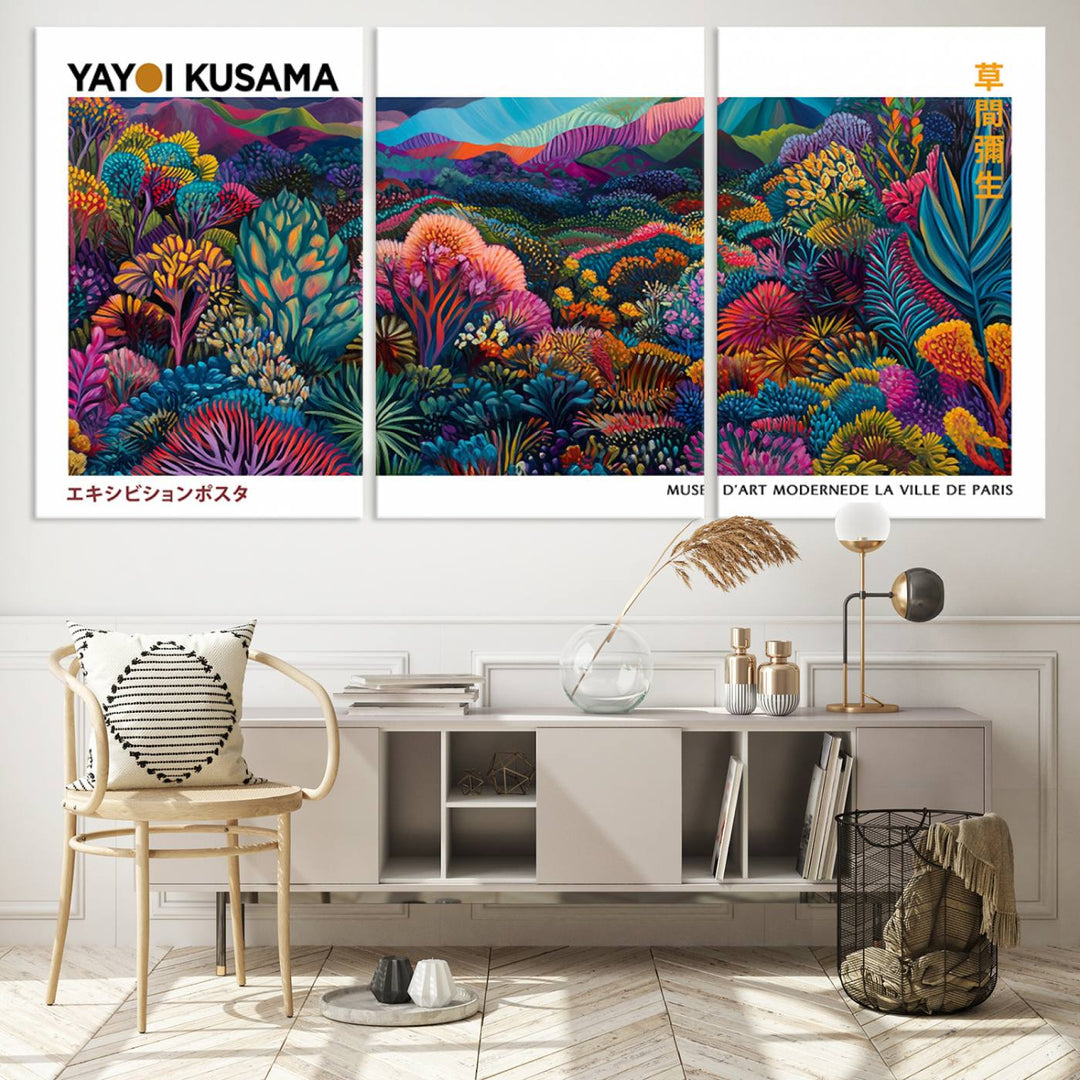 A framed Yayoi Kusama print hangs on the wall.