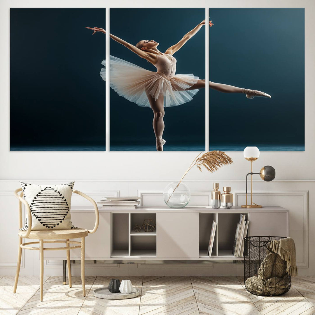 This stunning Ballerina Canvas Wall Art Print captures the elegance of a ballet dancer in motion, beautifully highlighted against a stage-like backdrop with delicate decor and natural elements. As graceful dance-inspired wall decor, it adds an element of grace and movement to any living room, office, or bedroom and is ready to hang.