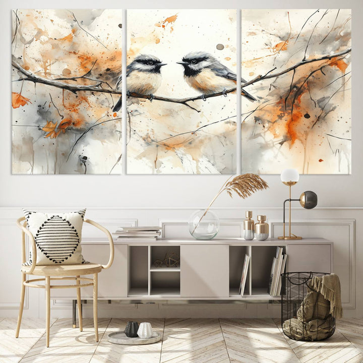 The living room features abstract watercolor chickadee bird art on the wall.