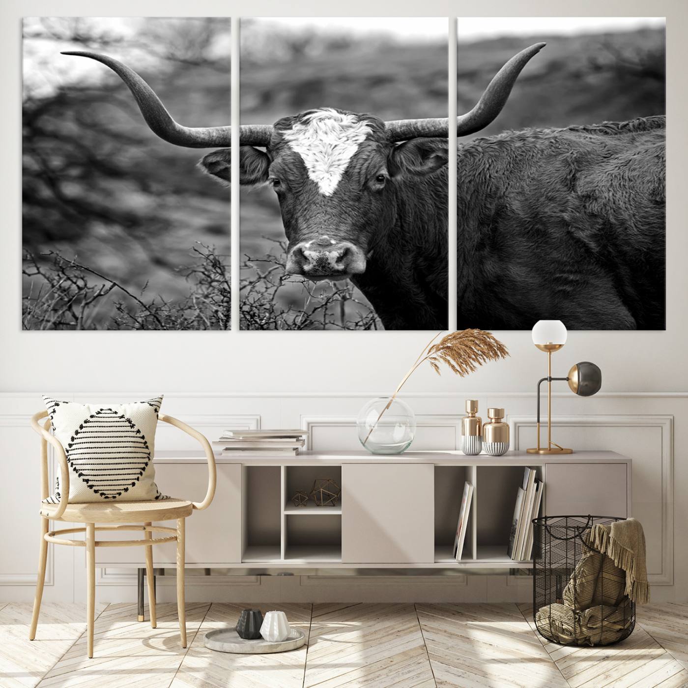 76200-MGV-CV-60X30-3P-Western Home Wall Art Canvas Print, Framed Texas Longhorn Art Picture Print, Rustic Cow Perfect Rustic Farmhouse Decor Artwork