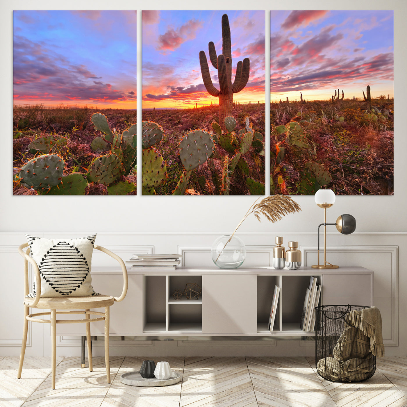 The Arizona Desert Sunset Wall Art Canvas Print hangs prominently.