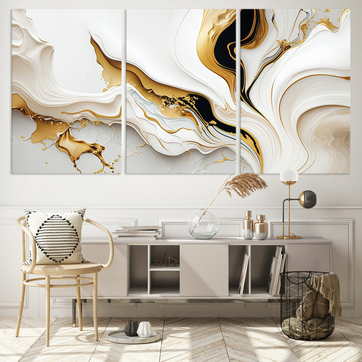 Modern interiors showcase Gold Waves on Pure White Canvas.