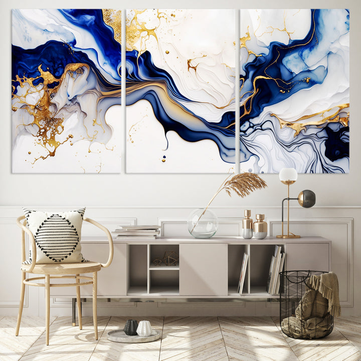 Golden Cascades on Midnight Blue wall art swirls above, featuring gold and white accents.