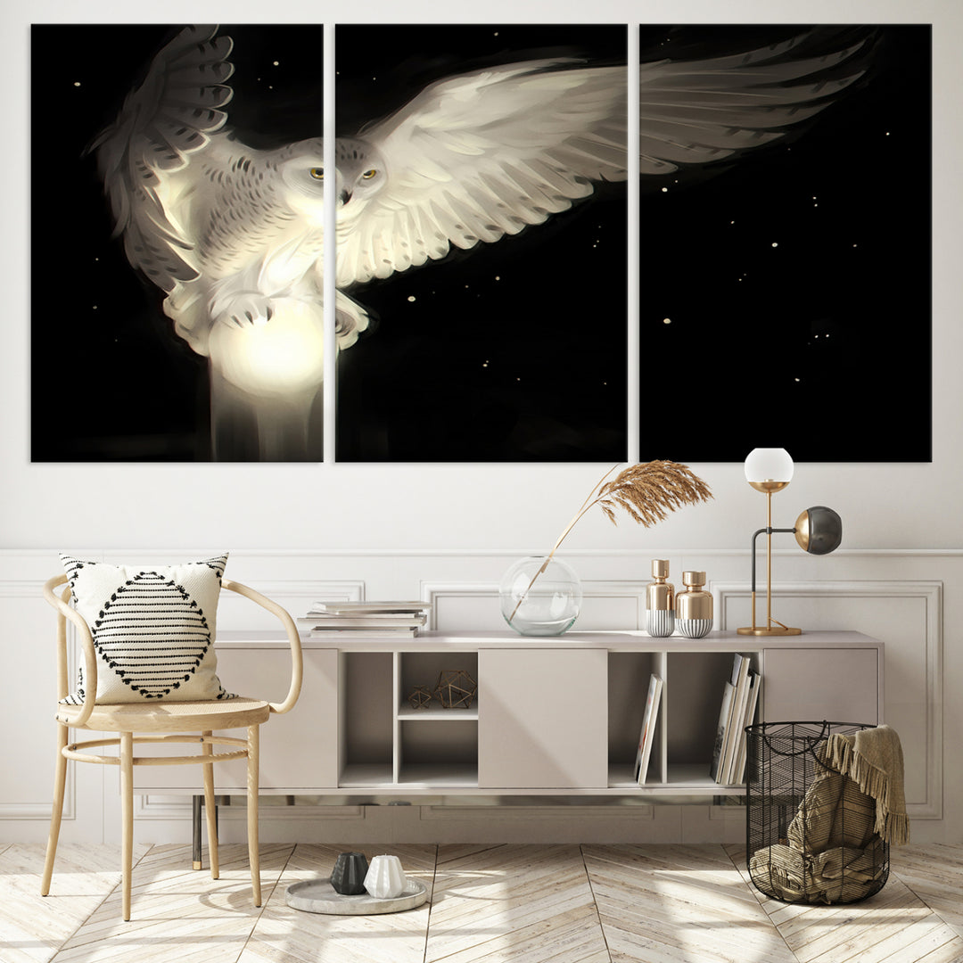 The Night Owl Art graces the wall with its depiction of a snowy owl on a glowing orb, perfect for modern decor.