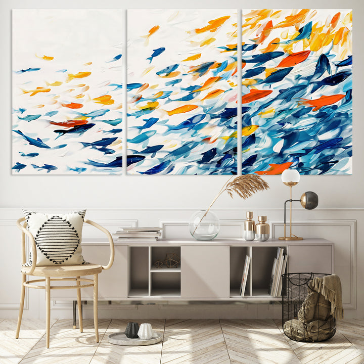 A colorful Abstract Fish Shoal Canvas Print hangs on the wall.