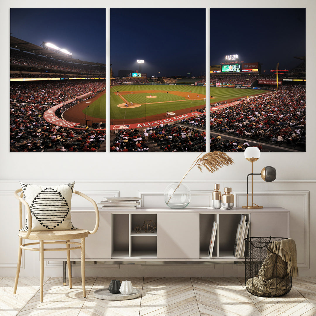 Aerial view of an LA Angels game at night, captured as stunning wall art on premium canvas, handmade in the USA.