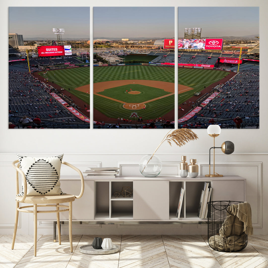 Aerial view of Angel Stadium, perfect as gallery-quality wall art - Los Angeles Angels Canvas Print.