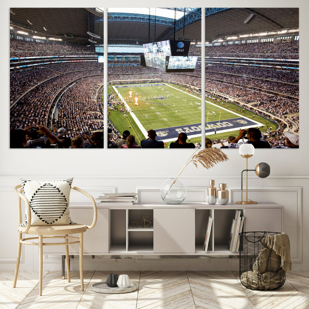 The wall art is a Dallas Cowboys AT&T Stadium Canvas Print, showcasing the iconic logo.