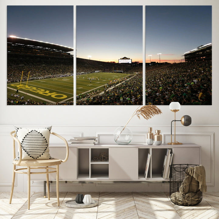 Canvas artwork depicting an Oregon Ducks football game at Autzen Stadium, capturing a sunset and packed stands.