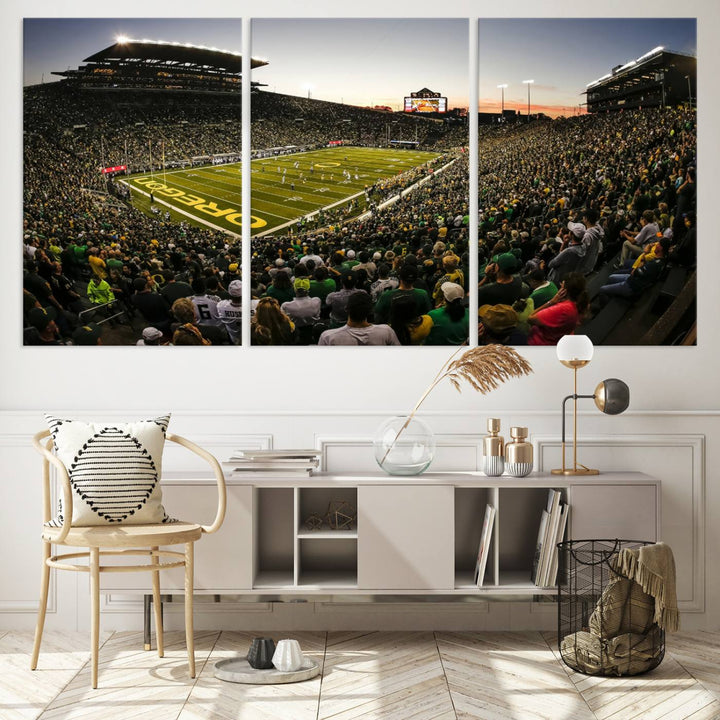 Autzen Stadium Evening Game Triple Canvas Wall Art - Oregon Ducks Football Match