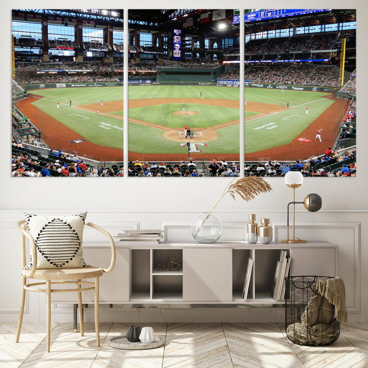 Admire the Texas Rangers Wall Art showcasing Globe Life Fields covered stadium and its lively crowd.