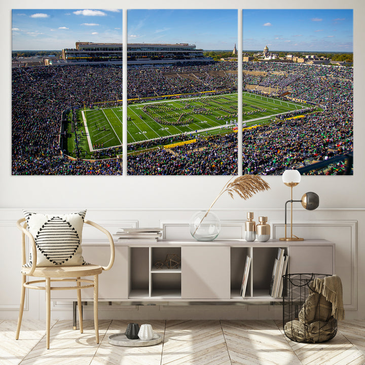 Aerial shot of packed stadium on green; Notre Dame Fighting Irish Stadium Wall Art Canvas Print.