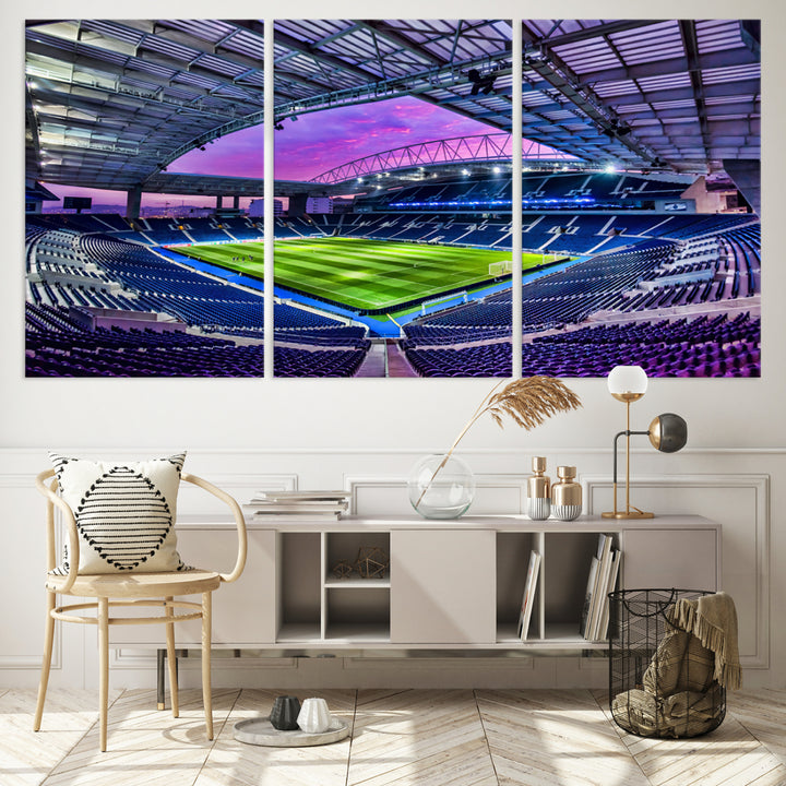 The FC Porto Soccer Team Dragon Stadium Wall Art Canvas Print decorates the room.