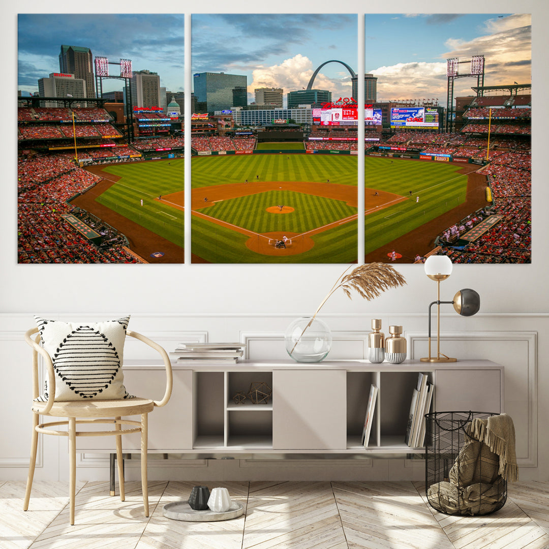 Canvas art of the St. Louis Cardinals Busch Stadium, capturing the citys skyline.