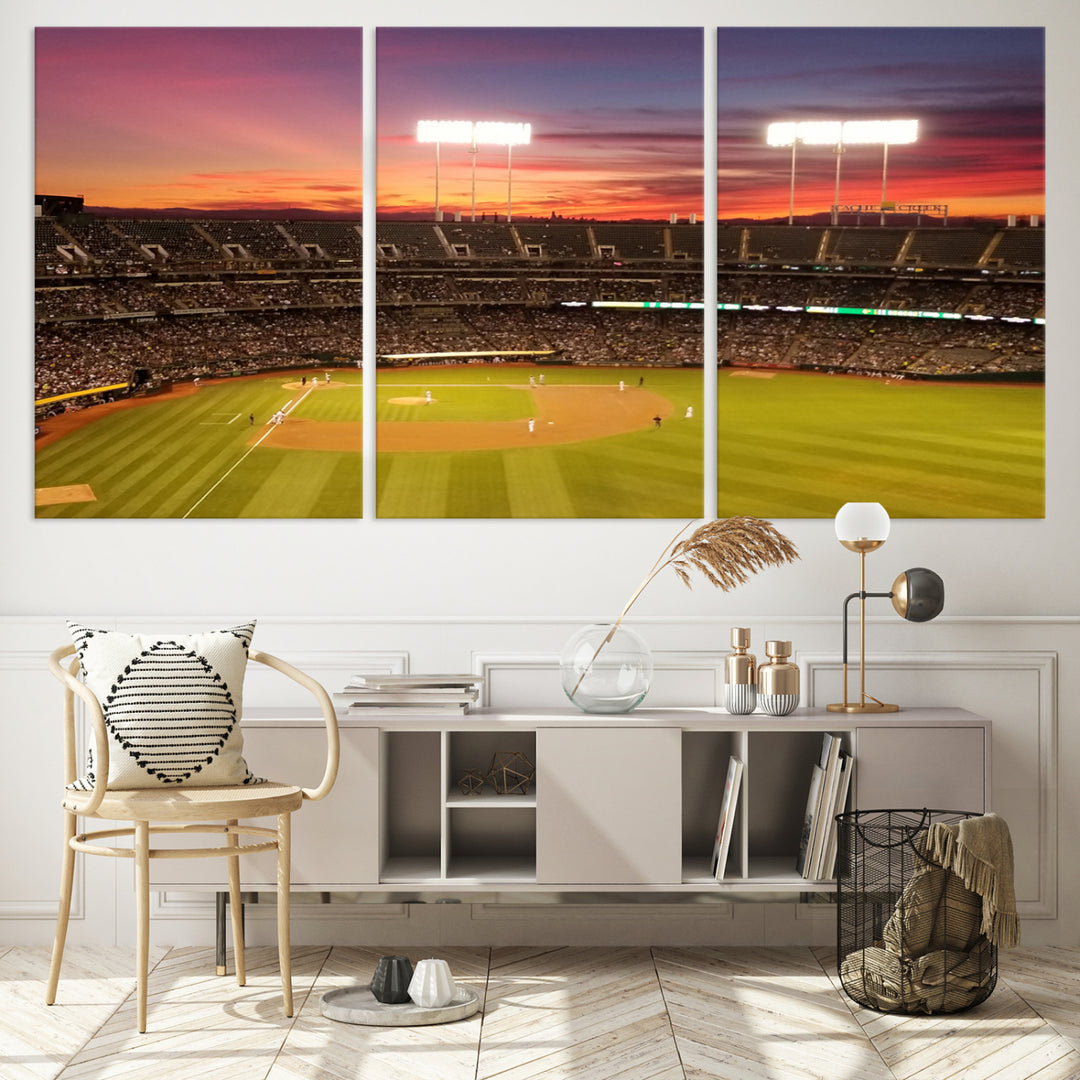 The Oakland Coliseum print is a museum-quality canvas depicting a full crowd and a sunset.