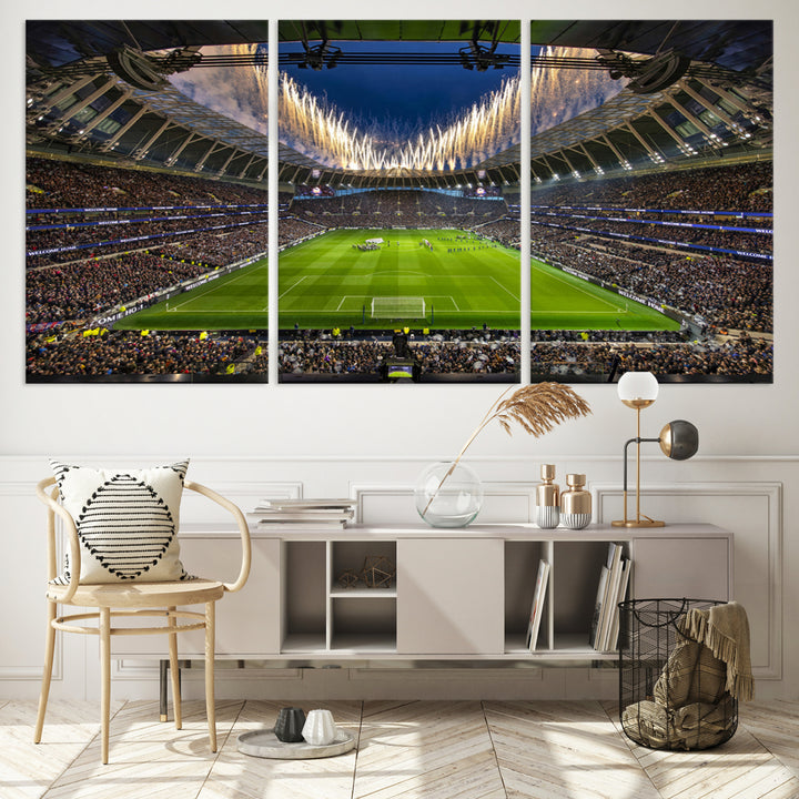 A stunning Tottenham Hotspur Stadium wall art captures the energy of a stadium packed with fans and vibrant lights.