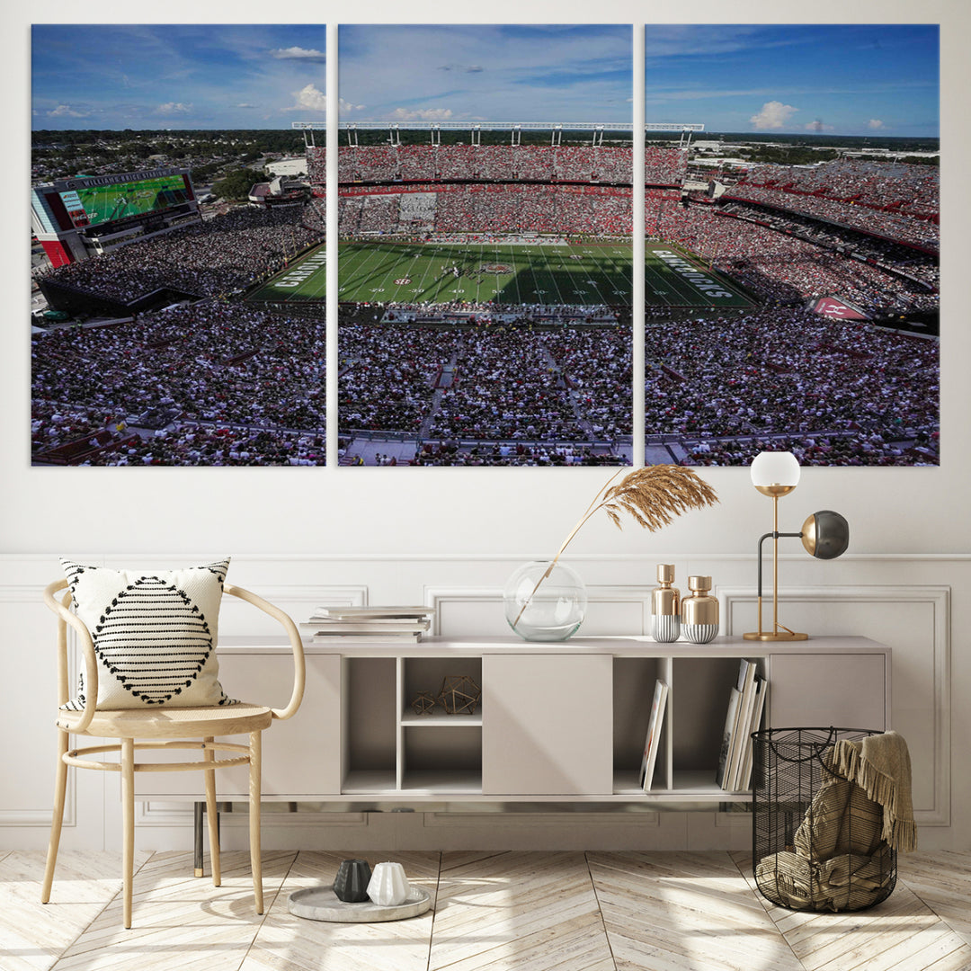 The wall art is a South Carolina Gamecocks print, showcasing Williams-Brice Stadium from a distance under clear skies.